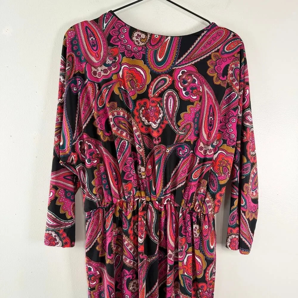 Trina Turk Jersey Dress Black Pink Paisley V-Neck Resortwear Vacay Short Size L - Picture 9 of 12